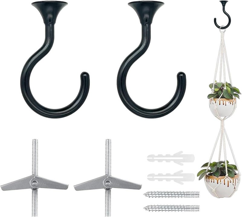 Evsteluo 2 Sets 2.4 inch Heavy Duty Swag Ceiling Hooks with Hardware for Hanging Plants, Cavity Wall Fixing, Easy Installation, Holds Up to 30 lbs, Ideal for Home & Garden (Black) - Image 1